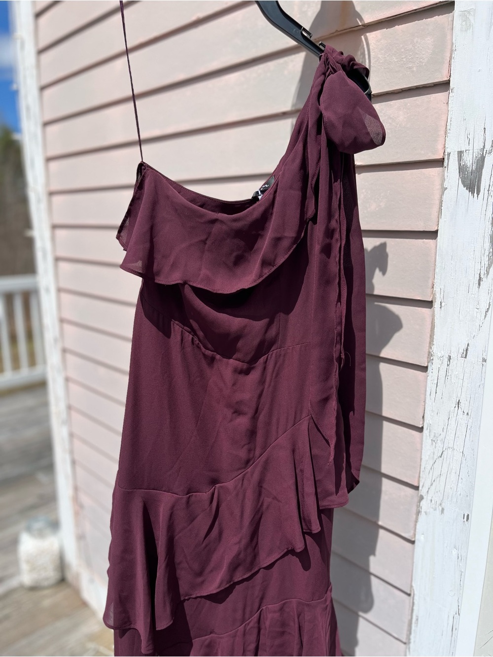 One-Shoulder Wine Ruffle Midi Dress - Picture 2 of 7